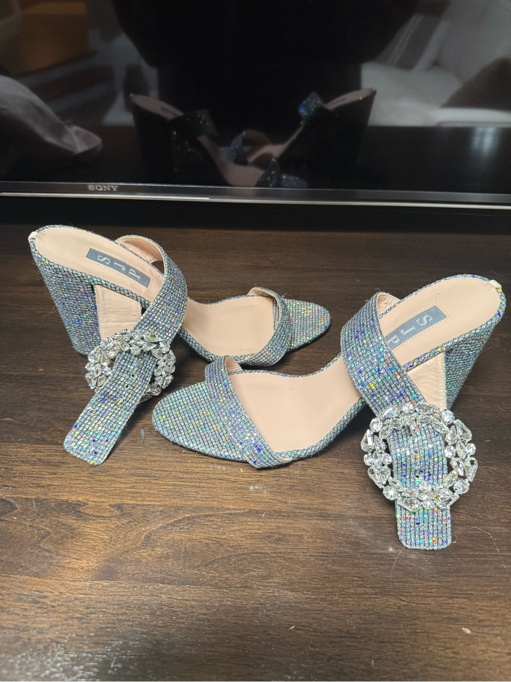 SJP by Sarah Jessica Parker Iridescent Multicolor Crystal Buckle Heels